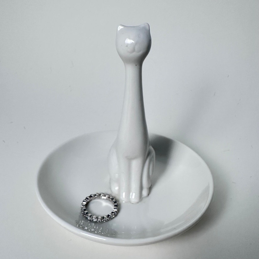 White Ceramic Cat Ring Holder Jewelry Dish Minimalist Feline Vanity Organizer